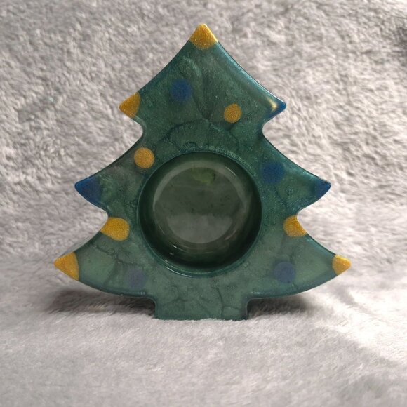 Handmade Christmas Tree Resin Tea Light Holder Gold & Blue Polka Dot Accents - Picture 2 of 4